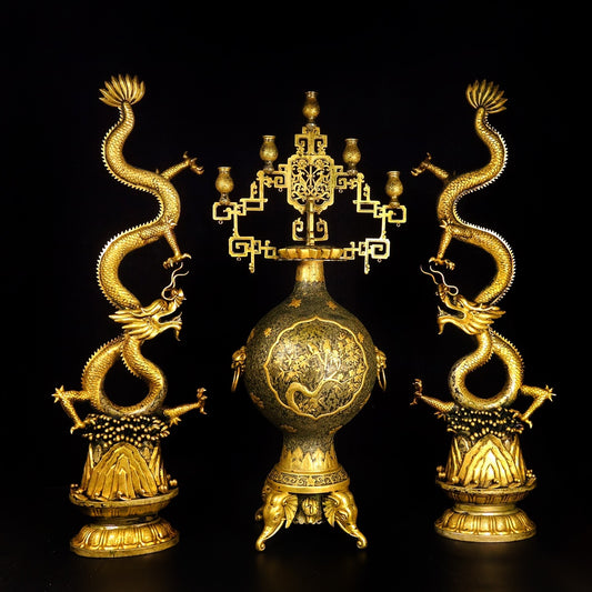 A1668 A Set Chinese Gilt Gold Copper Fortune Dragon Statues