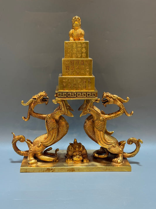 A1694 Vintage Chinese Gilt Gold Copper Fortune Dragon Seal