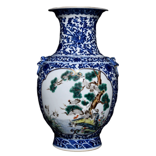 A1732 Chinese Qing Dynasty Blue And White Porcelain Pine Tree & Crane Design Porcelain Vase