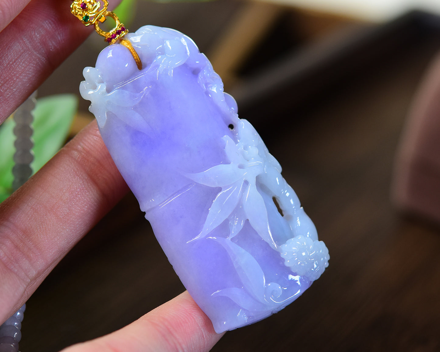 A1744 Exquisite Amethyst Carved Fortune Bamboo Pendant w Beads Necklace