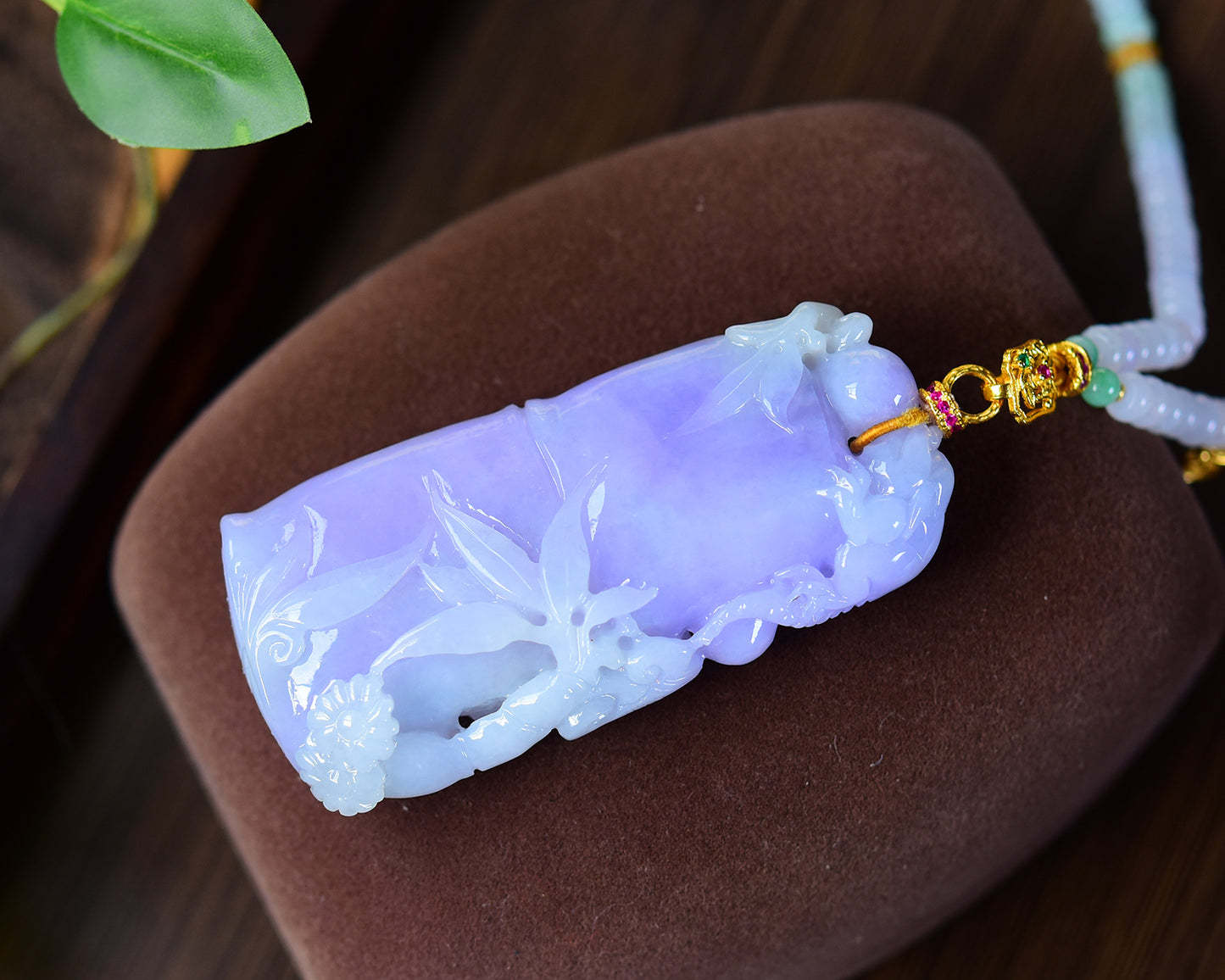 A1744 Exquisite Amethyst Carved Fortune Bamboo Pendant w Beads Necklace