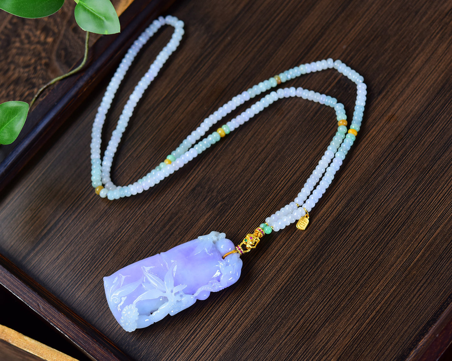 A1744 Exquisite Amethyst Carved Fortune Bamboo Pendant w Beads Necklace