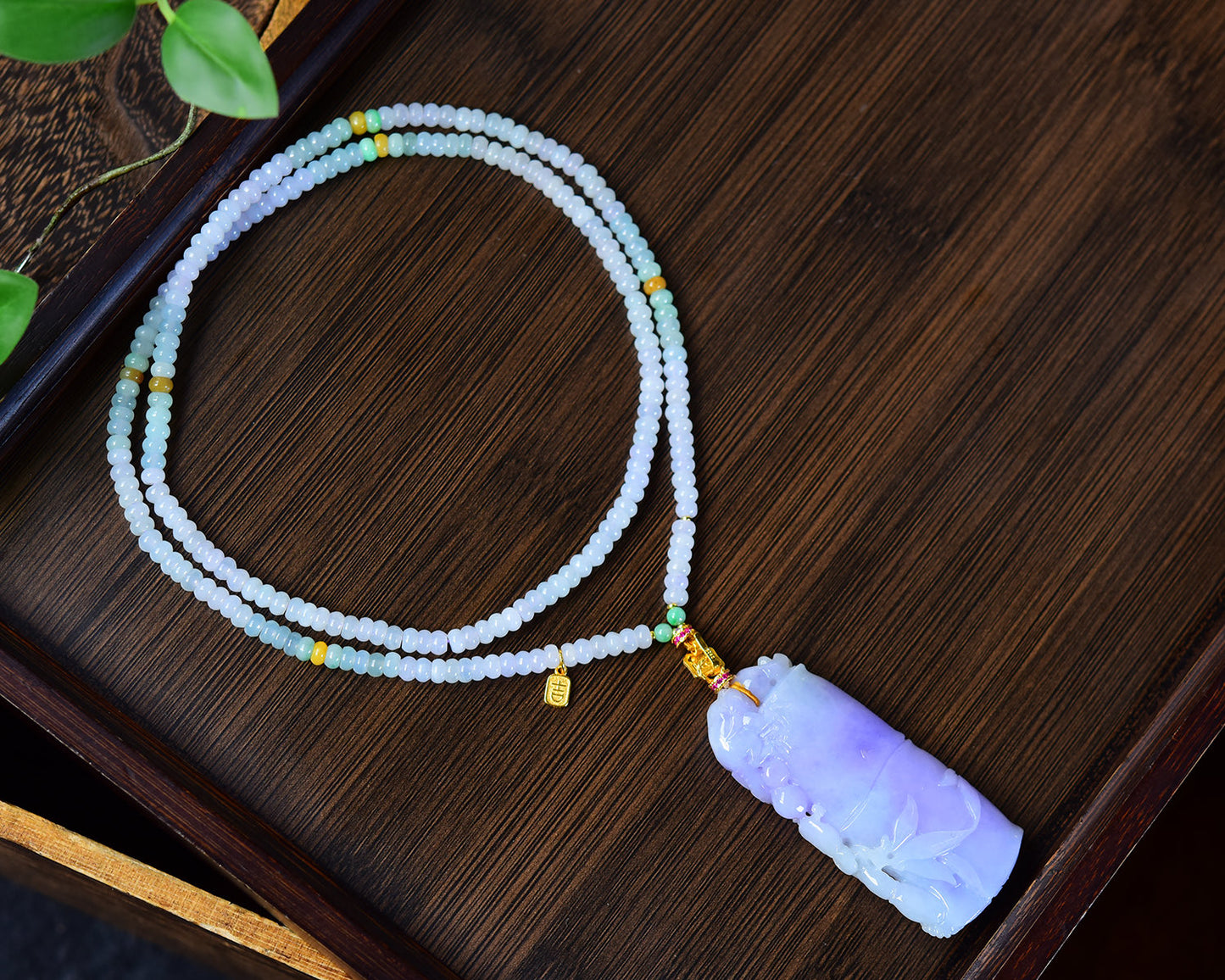 A1744 Exquisite Amethyst Carved Fortune Bamboo Pendant w Beads Necklace