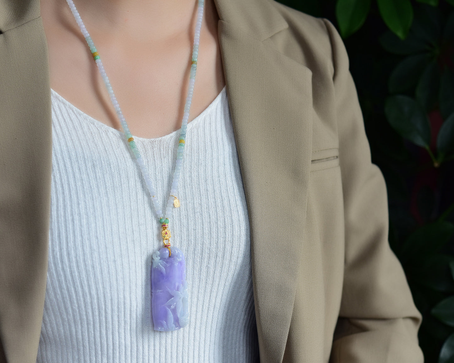 A1744 Exquisite Amethyst Carved Fortune Bamboo Pendant w Beads Necklace