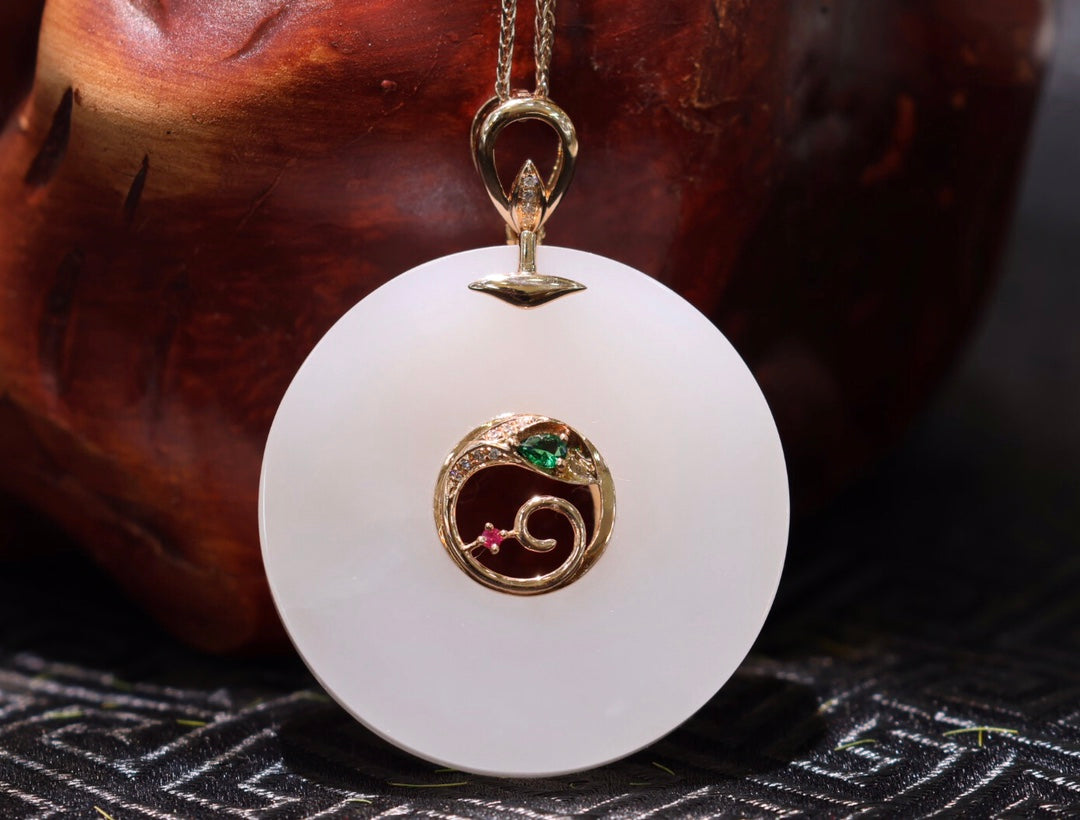 A1745 Exquisite 18K Gold Inlay White Hetian Jade Lucky Pendant