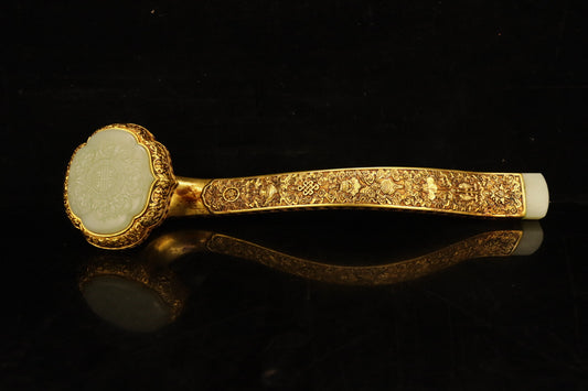 A1748 Old Chinese Gilt Gold Inlay Hetian Jade Ruyi Scepter Statue
