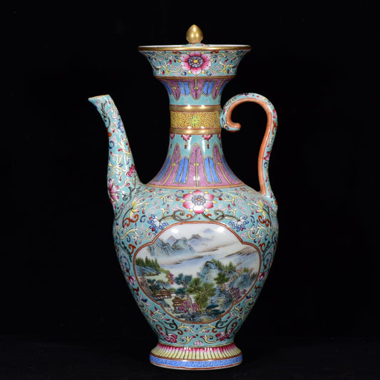 A1802 Chinese Qing Dynasty Gilt Edge Famille Rose Mountain River Scene Design Porcelain Wine Pot