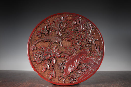 A1803 Chinese Red Lacquerware Low Relief Flowers Bird Design Jewellery Box