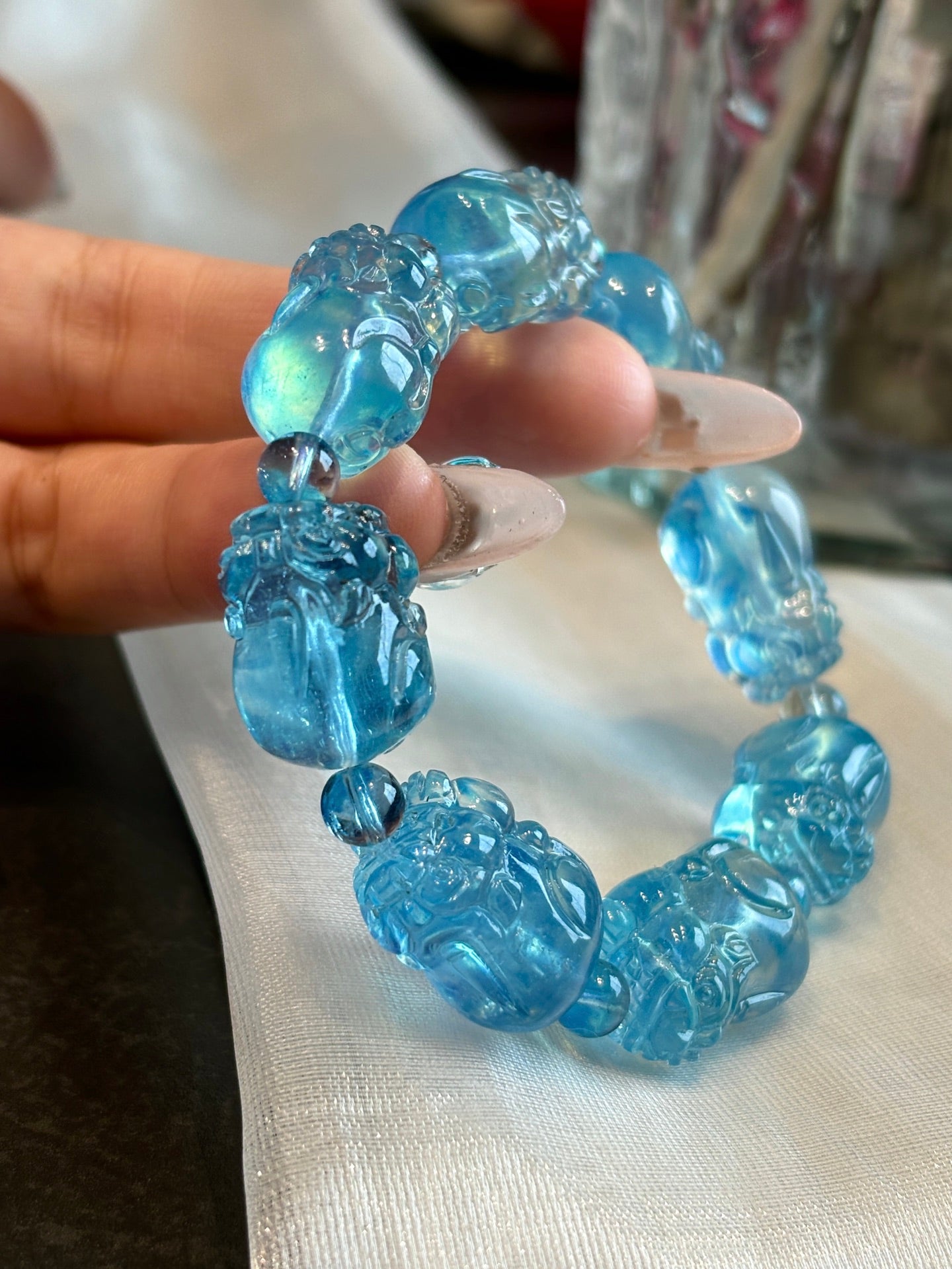 A1810 Beautiful Aquamarine Carved Fortune Pixiu Beads Bracelet