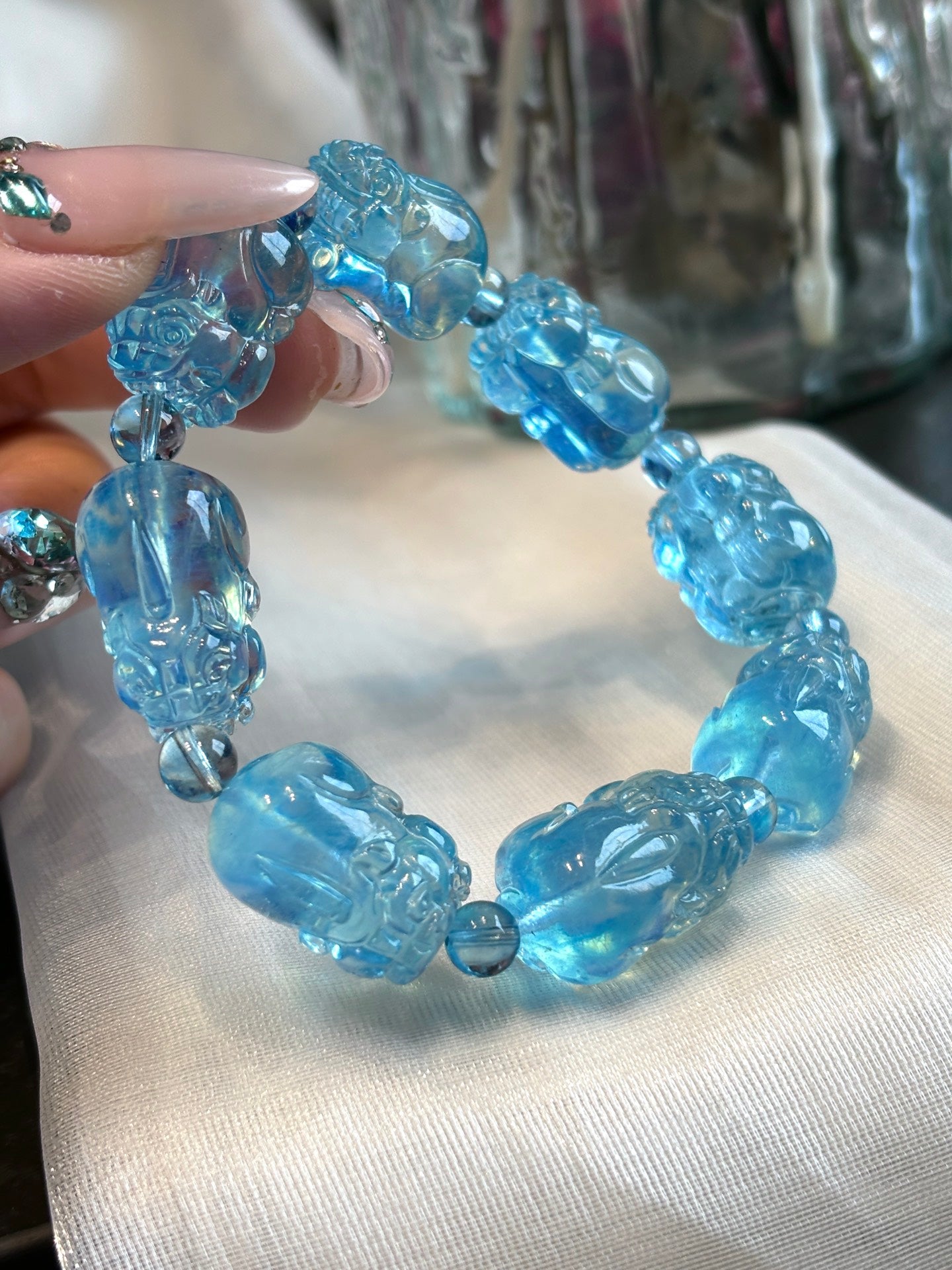 A1810 Beautiful Aquamarine Carved Fortune Pixiu Beads Bracelet