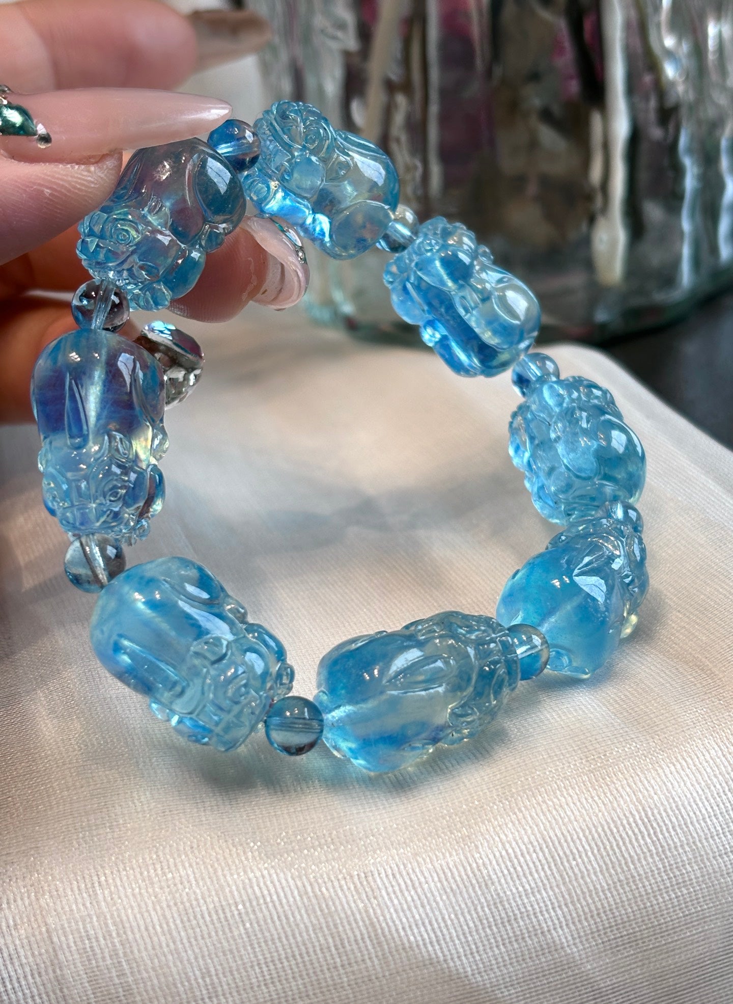 A1810 Beautiful Aquamarine Carved Fortune Pixiu Beads Bracelet