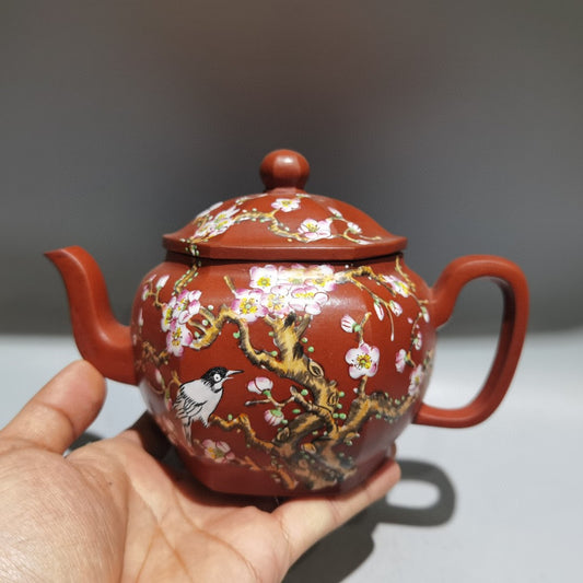 A1812 Chinese Famille Rose Yixing Zisha Clay Plum Flower & Magpie Teapot Design