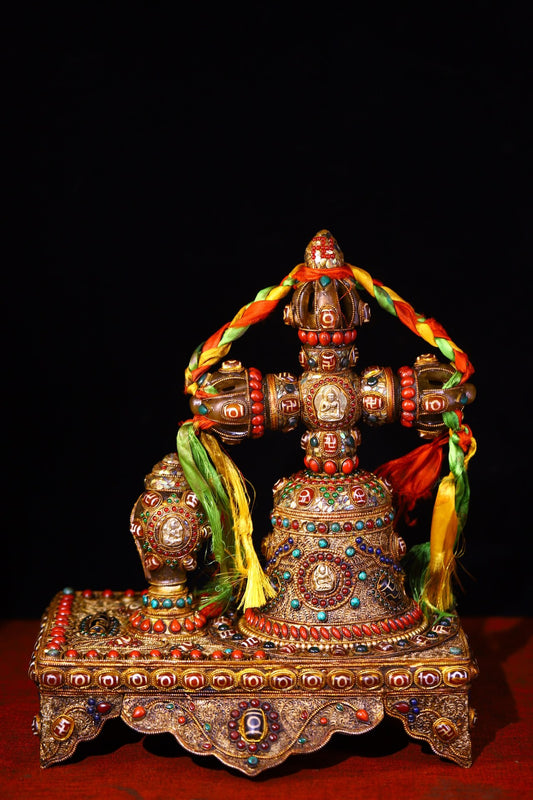 A1814 Tibetan Buddhism Gold Wire Inlay DZI Agate & Turquoise & Lapis Lazuli  Vajra Bell