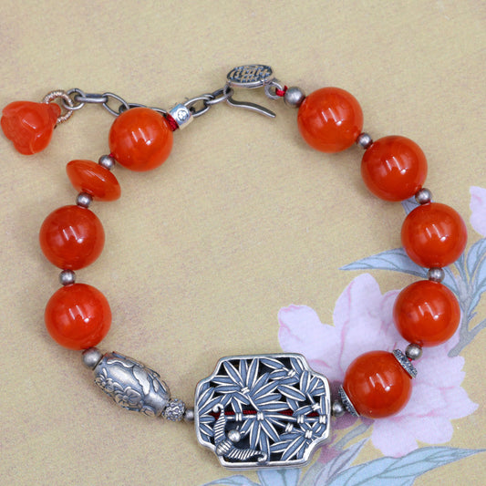 A1821 Beautiful Pure Silver Inlay Nanhong Agate Beads Bracelet