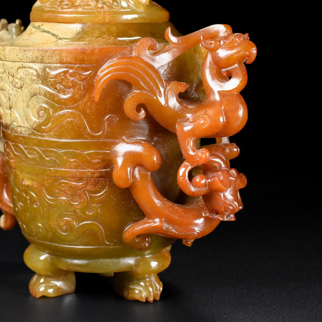 A1822 Superb Vintage Chinese Hetian Jade High Relief Dragon Phoenix Pot