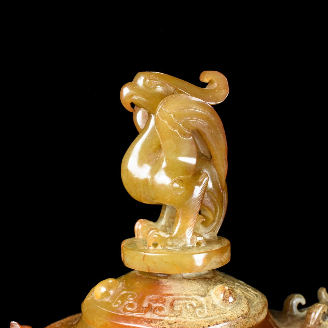 A1822 Superb Vintage Chinese Hetian Jade High Relief Dragon Phoenix Pot