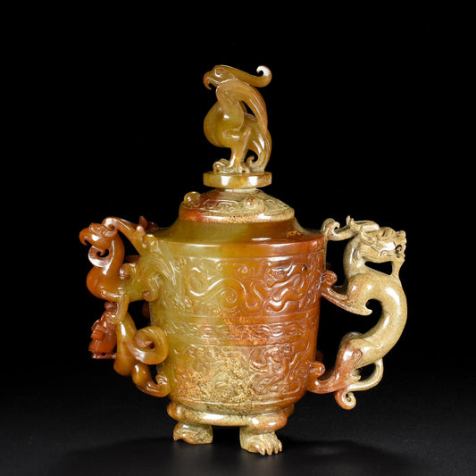 A1822 Superb Vintage Chinese Hetian Jade High Relief Dragon Phoenix Pot