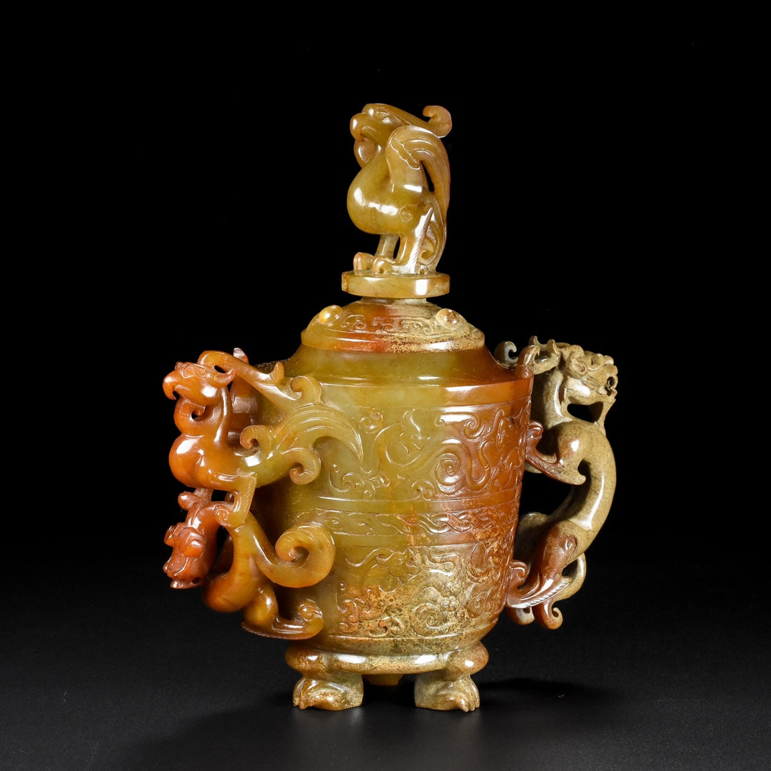 A1822 Superb Vintage Chinese Hetian Jade High Relief Dragon Phoenix Pot