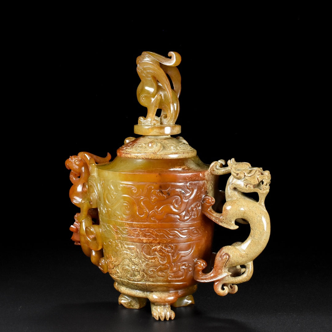 A1822 Superb Vintage Chinese Hetian Jade High Relief Dragon Phoenix Pot