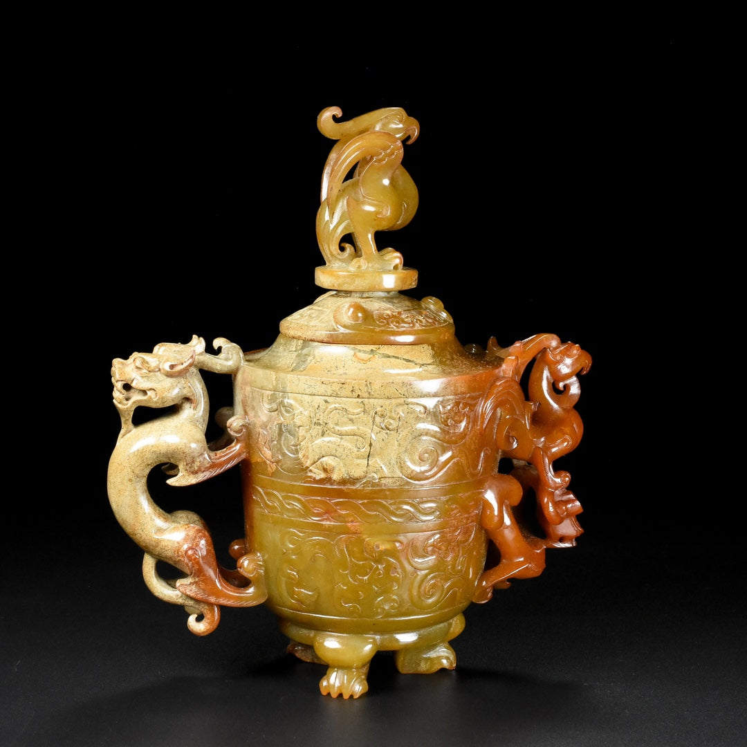 A1822 Superb Vintage Chinese Hetian Jade High Relief Dragon Phoenix Pot