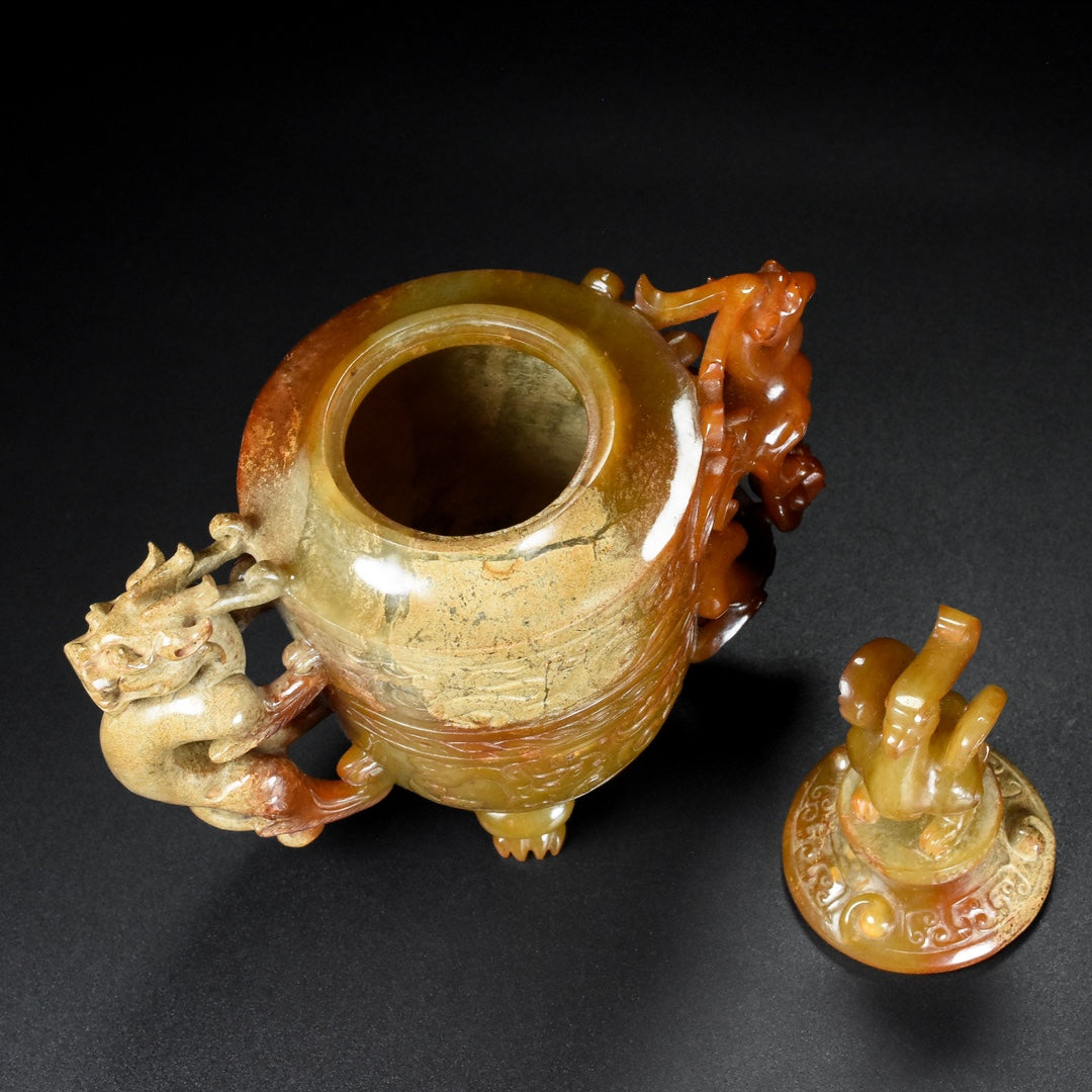 A1822 Superb Vintage Chinese Hetian Jade High Relief Dragon Phoenix Pot
