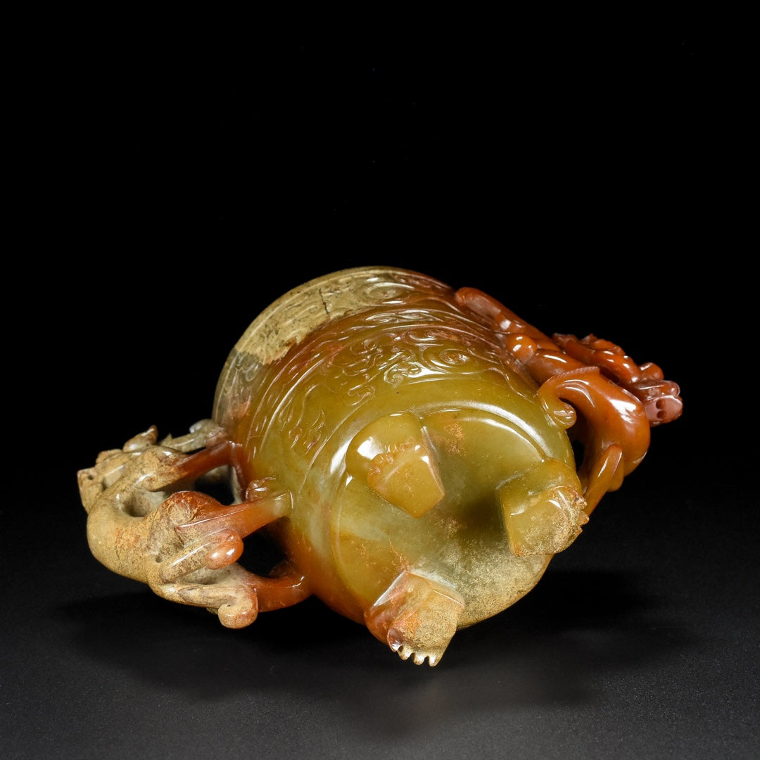 A1822 Superb Vintage Chinese Hetian Jade High Relief Dragon Phoenix Pot