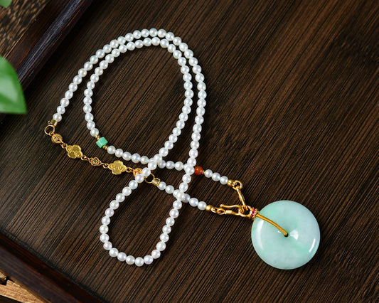 A1823 Exquisite Natural Jadeite Lucky Pendant w Pearl & Agate & Jadeite Beads Necklace