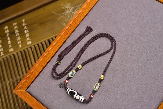 A1826 Tibetan DZI Agate Lucky Pendant w Hand Woven Necklace