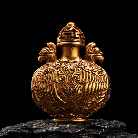 A1831 Vintage Chinese Gilt Gold Copper Double Ear Snuff Bottle