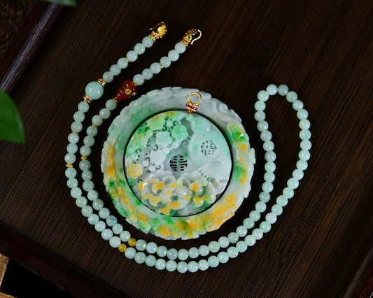 A1833 Exquisite Natural Jadeite Carved Flowers Bird Pendant w Bracelet