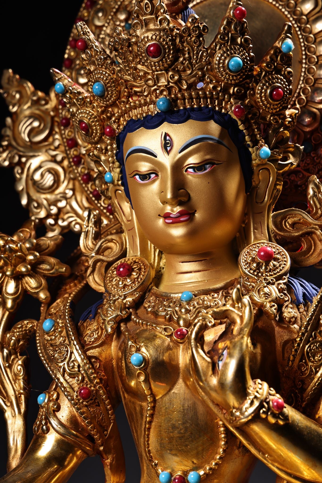 A1839 Tibetan Buddhism Gilt Gold Copper Inlay Gems Tara Statue