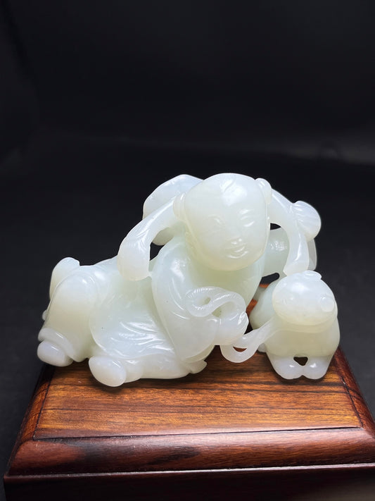 A1842 Superb Chinese Hetian Jade Carved Kid Statue