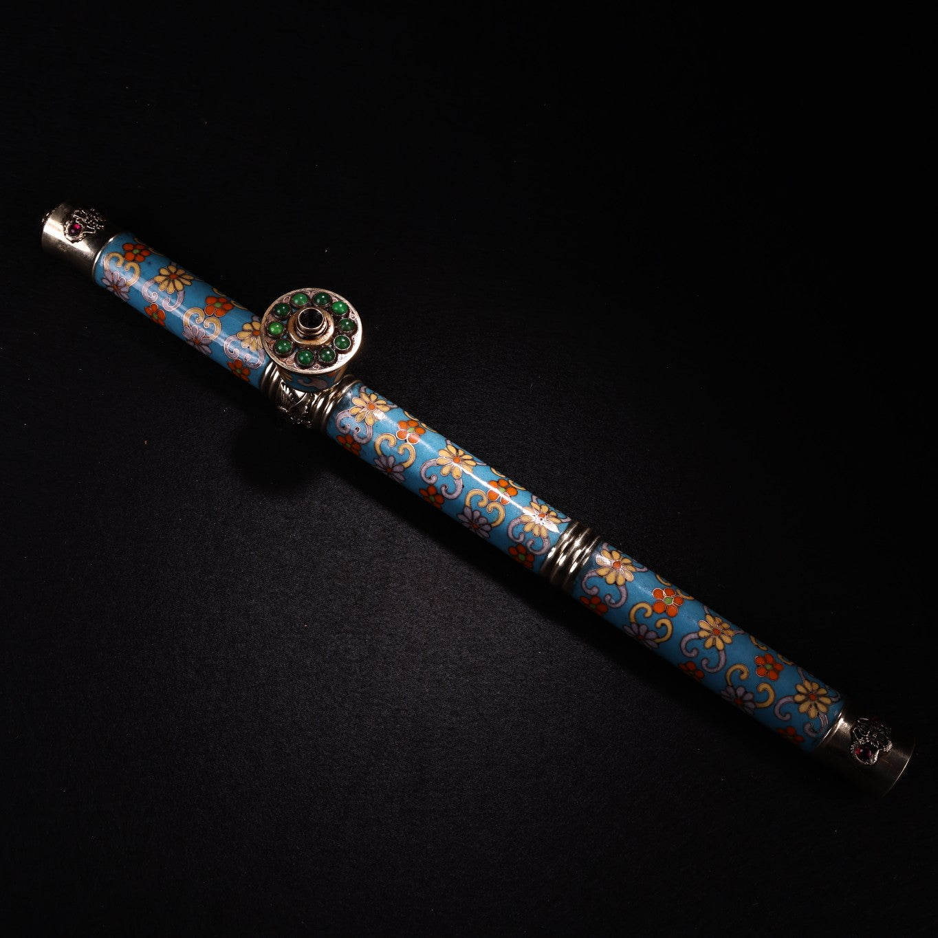 A1844 Vintage Chinese Copper Cloisonne Inlay Gem Tobacco Pipe