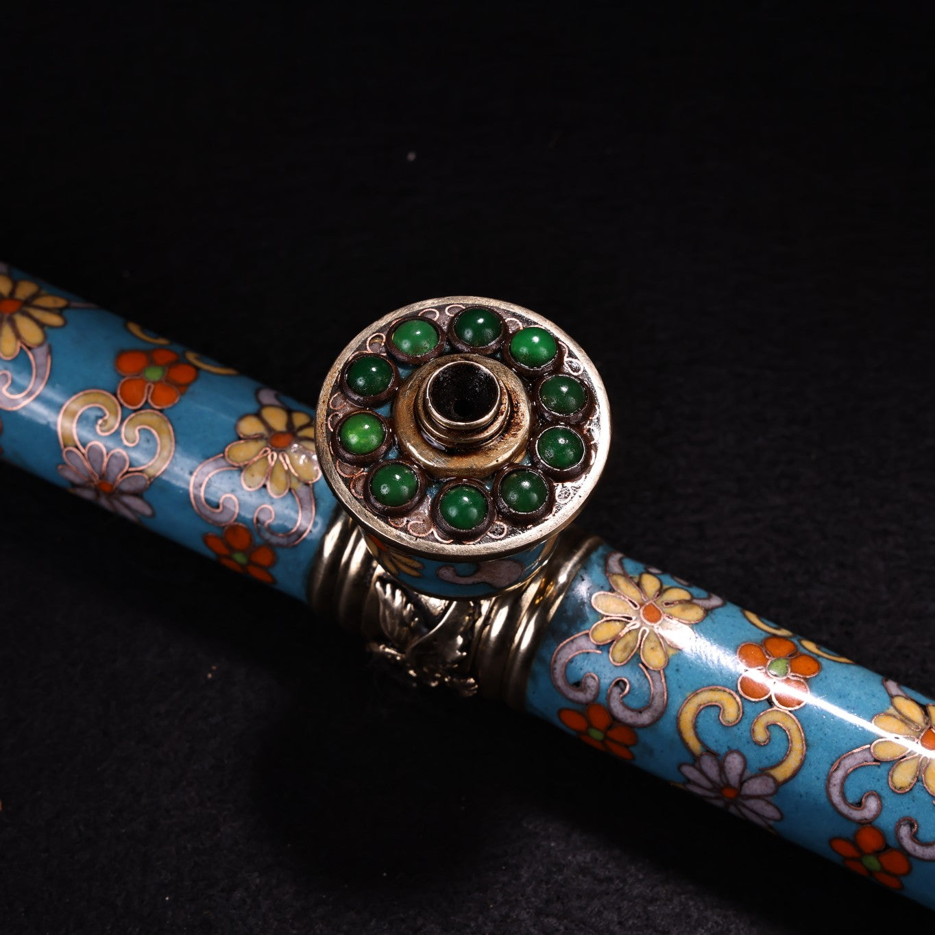A1844 Vintage Chinese Copper Cloisonne Inlay Gem Tobacco Pipe