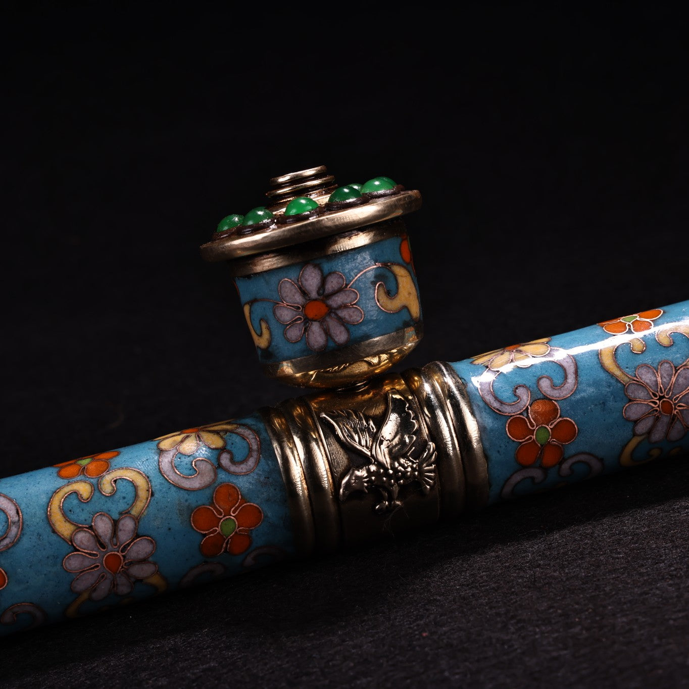 A1844 Vintage Chinese Copper Cloisonne Inlay Gem Tobacco Pipe