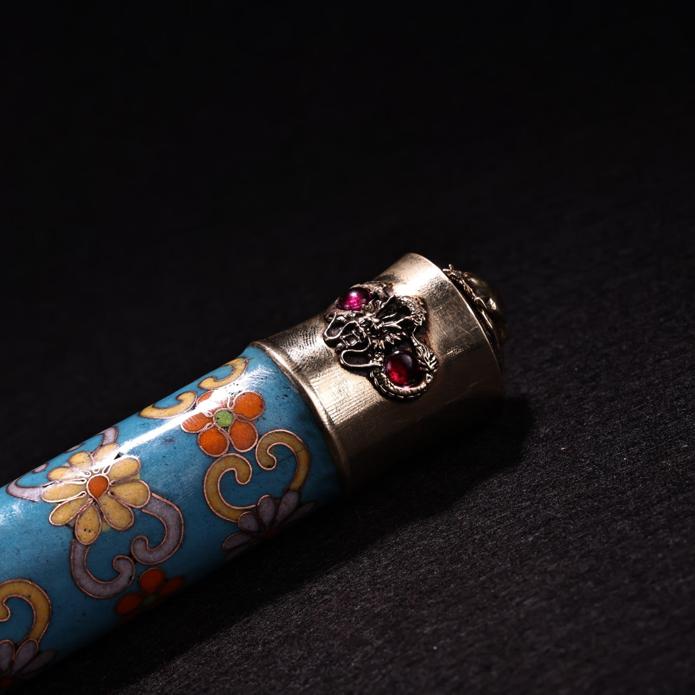 A1844 Vintage Chinese Copper Cloisonne Inlay Gem Tobacco Pipe