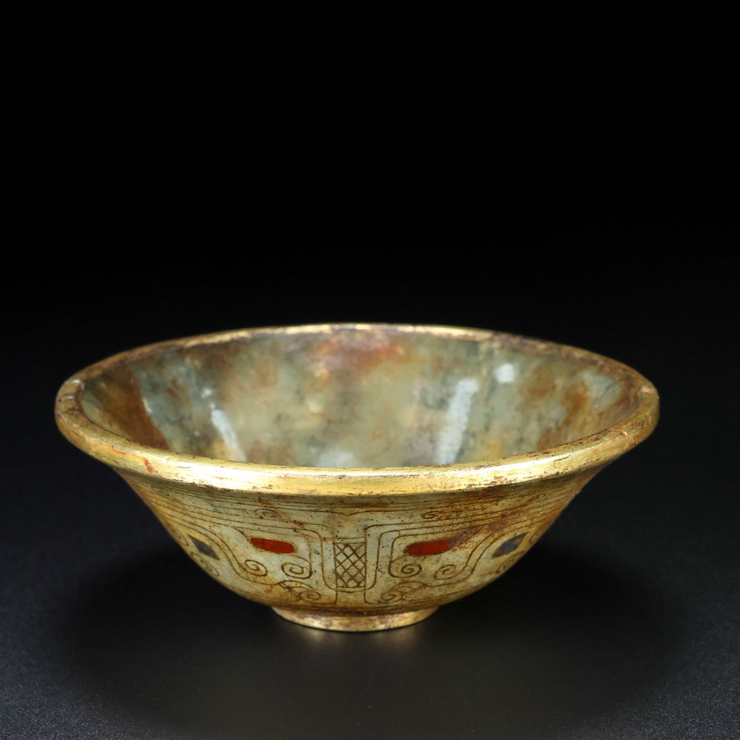A1846 Vintage Chinese Gilt Gold Hetian Jade Bowl