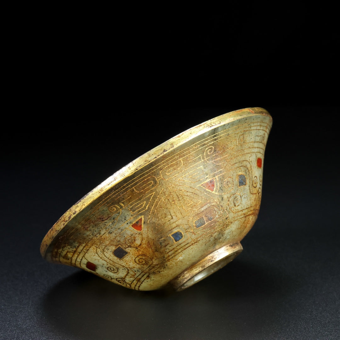 A1846 Vintage Chinese Gilt Gold Hetian Jade Bowl