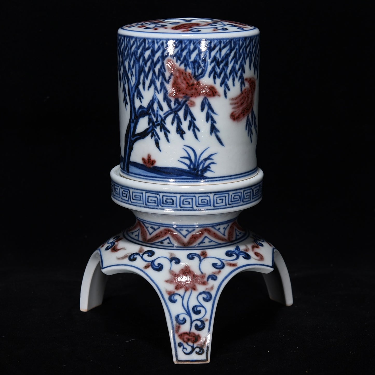 A1849 Chinese Underglaze Red + Blue And White Porcelain Incense Burner