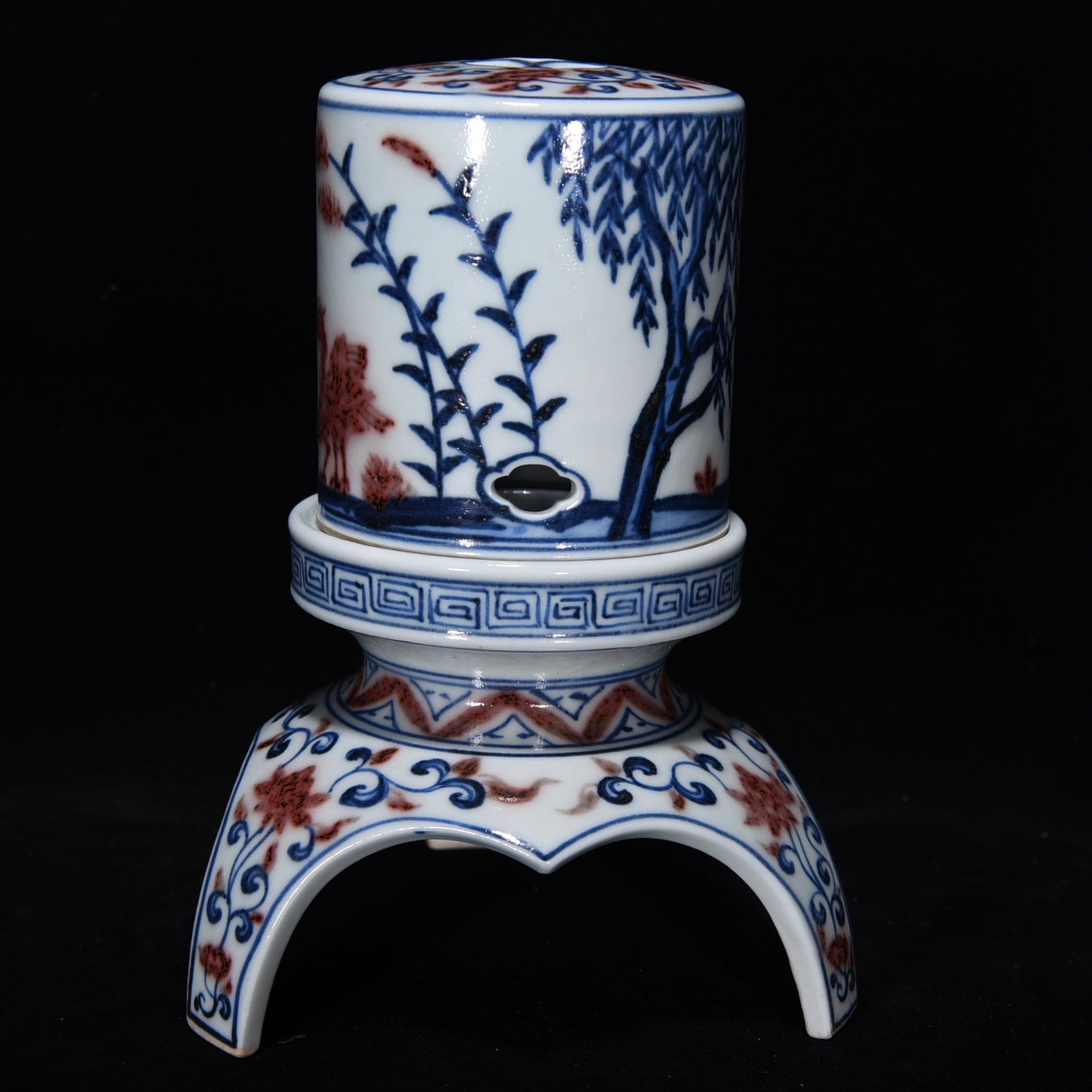 A1849 Chinese Underglaze Red + Blue And White Porcelain Incense Burner