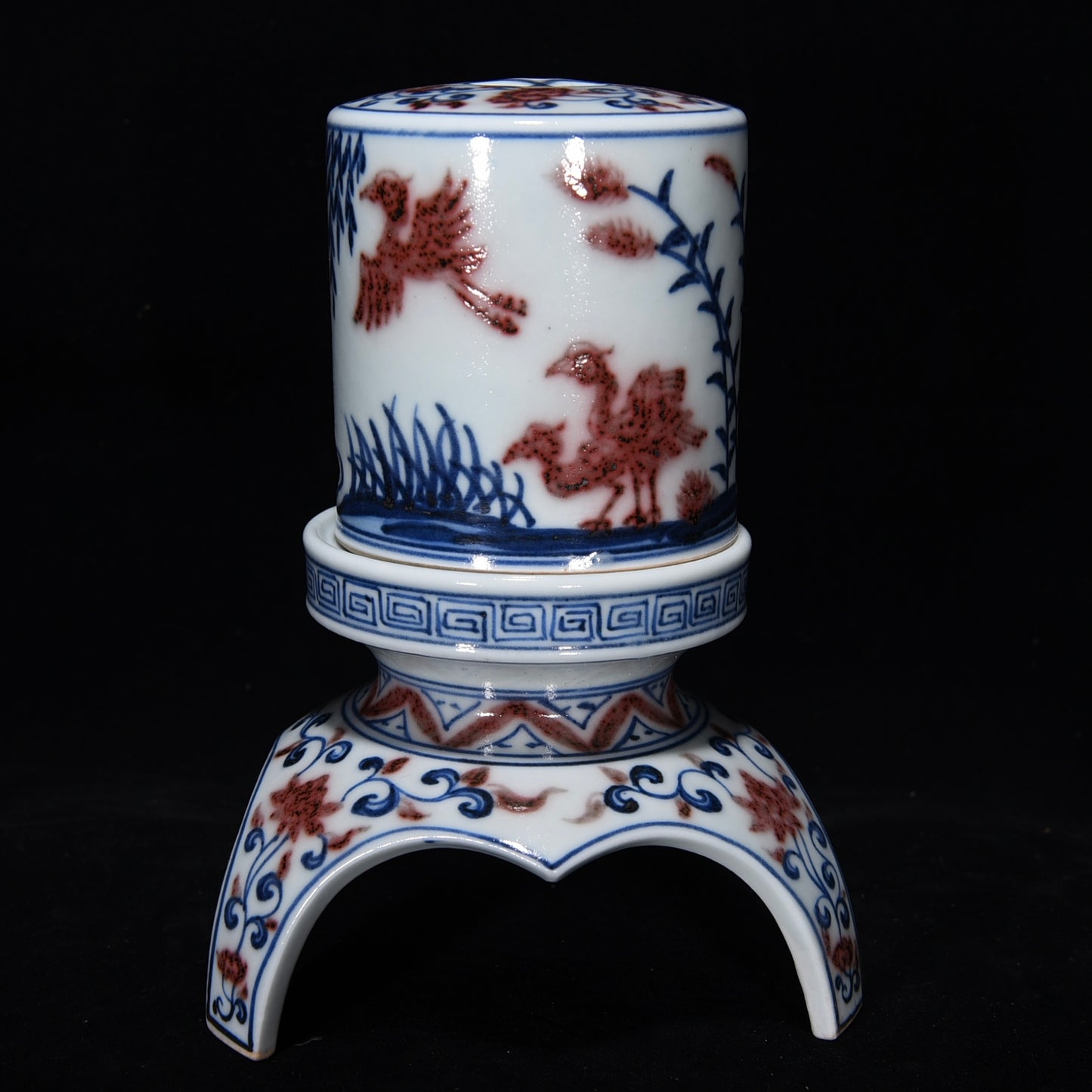 A1849 Chinese Underglaze Red + Blue And White Porcelain Incense Burner