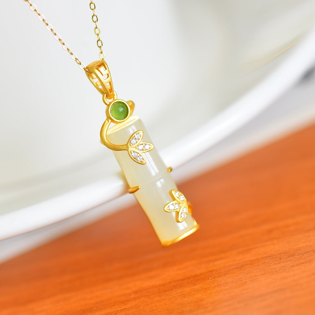A1850 Beautiful 925 Silver Gilt Gold Inlay Hetian Jade Fortune Bamboo Pendant