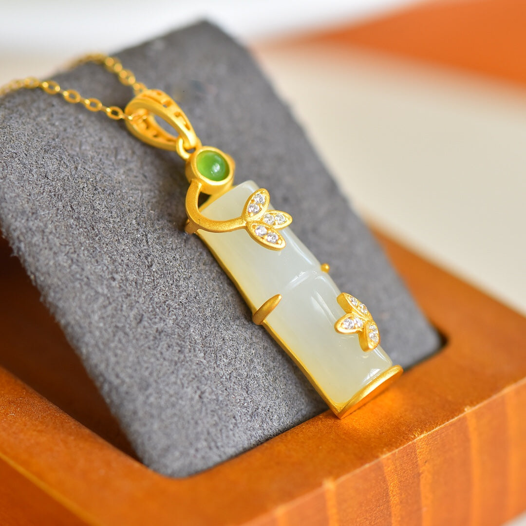 A1850 Beautiful 925 Silver Gilt Gold Inlay Hetian Jade Fortune Bamboo Pendant