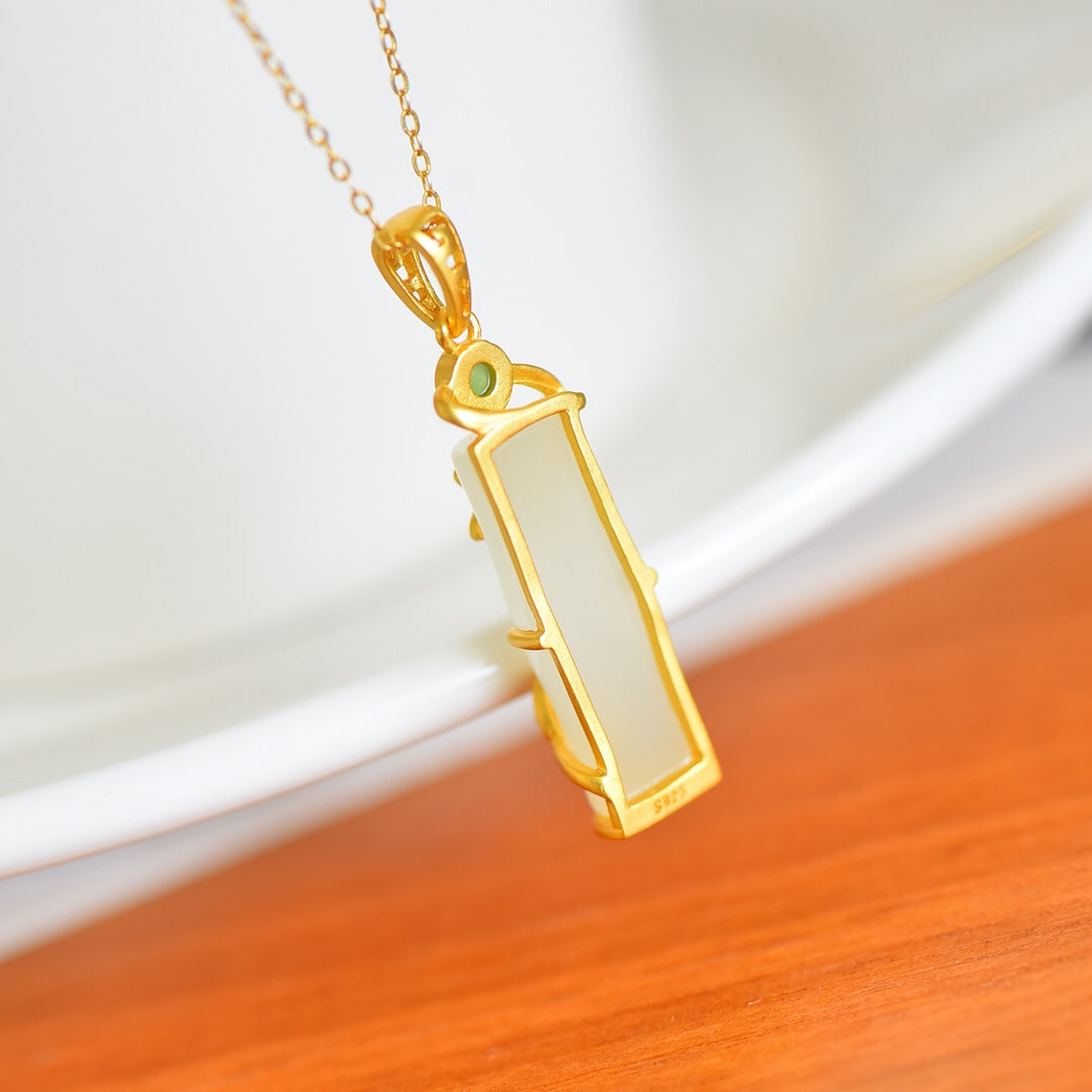 A1850 Beautiful 925 Silver Gilt Gold Inlay Hetian Jade Fortune Bamboo Pendant