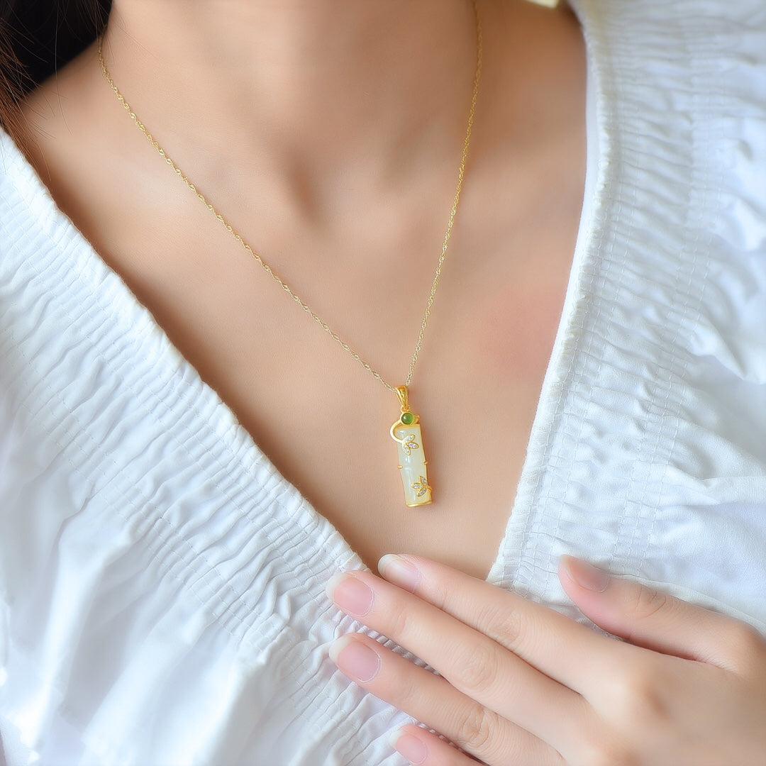 A1850 Beautiful 925 Silver Gilt Gold Inlay Hetian Jade Fortune Bamboo Pendant