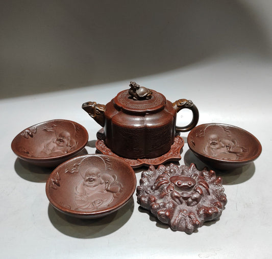 A1858 A Set Chinese Yixing Zisha Dragon Turtle Teapot w Cups