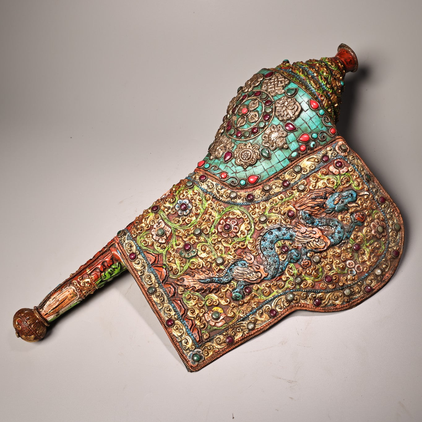A1859 Tibetan Buddhism Gilt Gold Copper Inlay Turquoise & Gems Concha Statue