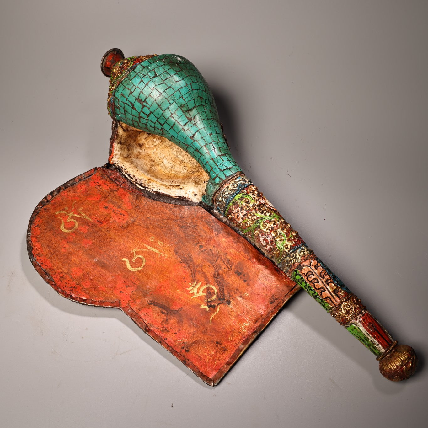A1859 Tibetan Buddhism Gilt Gold Copper Inlay Turquoise & Gems Concha Statue