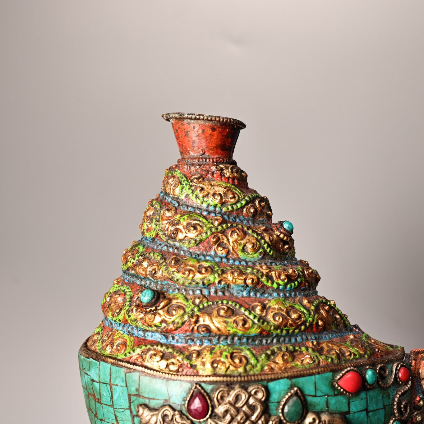 A1859 Tibetan Buddhism Gilt Gold Copper Inlay Turquoise & Gems Concha Statue