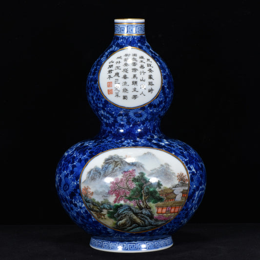 A1863 Chinese Qing Dynasty Gilt Edge Blue And White + Famille Rose Live In Remote Mountains Design Porcelain Vase